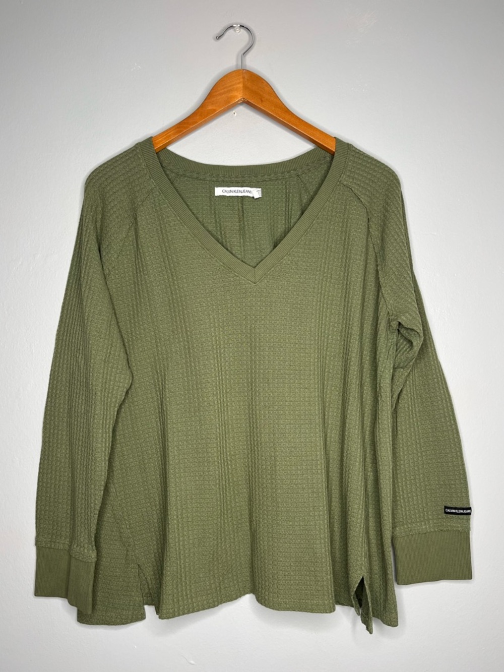 Calvin Klein Jeans Olive Green Waffle Knit V Neck Pullover Sweater